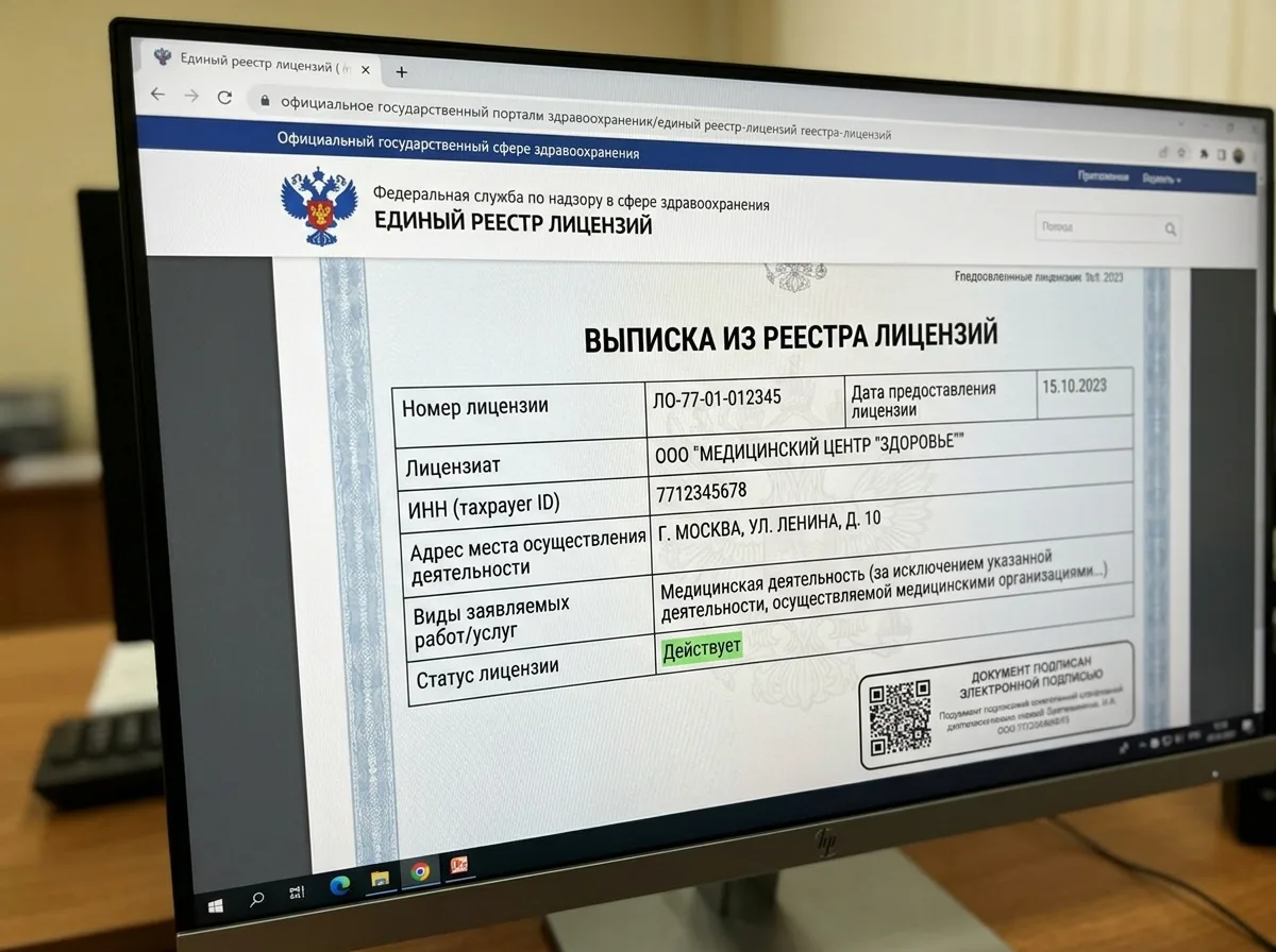 Выписка из реестра лицензий Росздравнадзора, официальный документ на компьютерном экране, крупный план, государственный портал здравоохранения