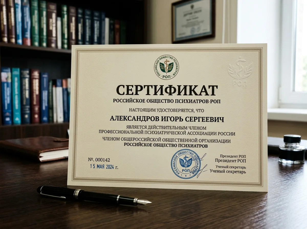 Членство в профессиональной психиатрической ассоциации России, сертификат участника Российского общества психиатров, официальный документ с логотипом